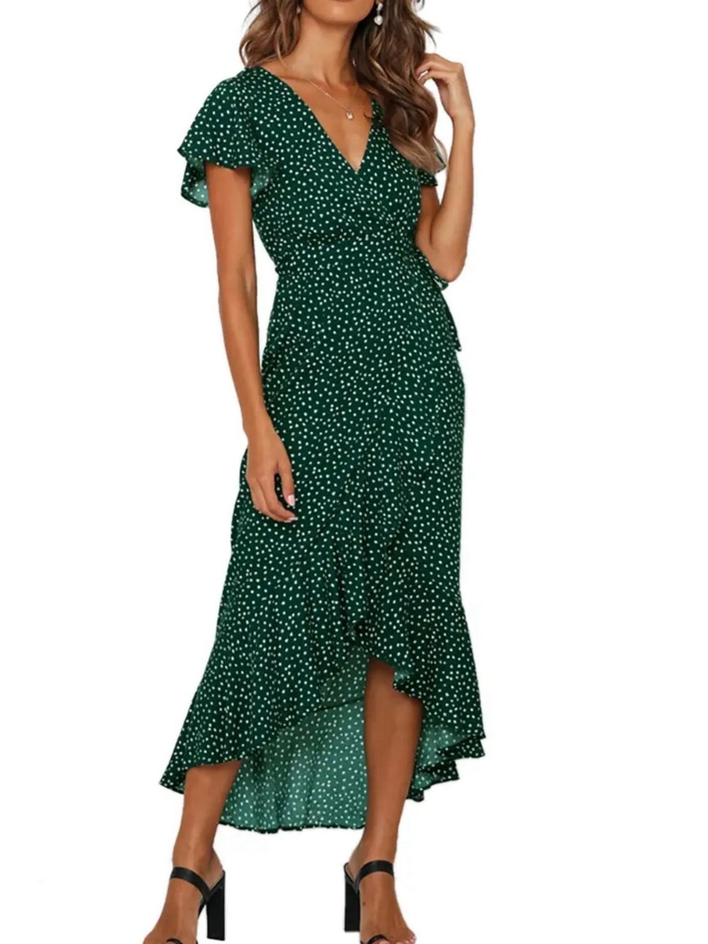 Polka Dot Green Wrap Midi Dress - Elegant Women’s Summer Dress